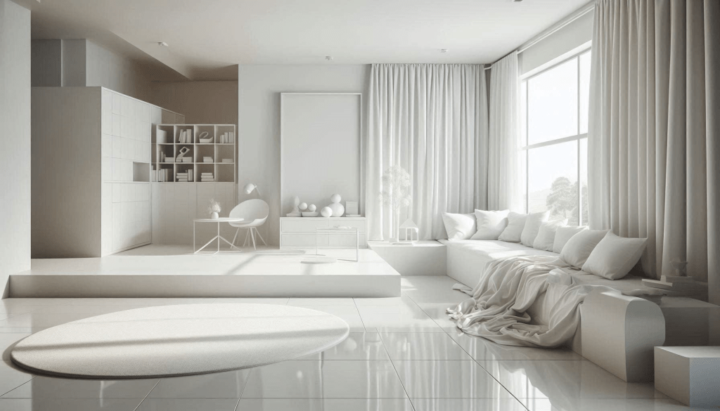 Minimalist white room with glossy tiles and matte walls.