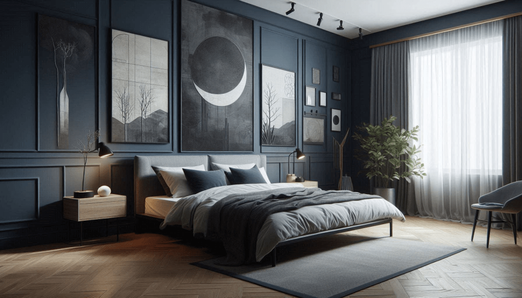 Bedroom with dark navy blue walls