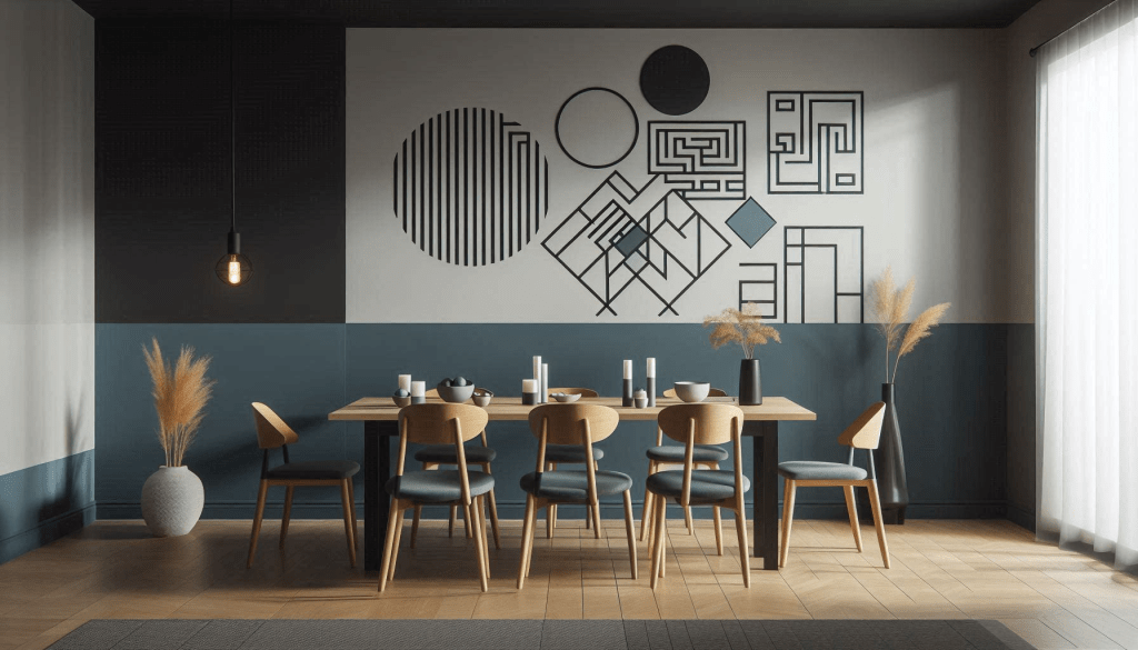 dining room with geometric wall patterns